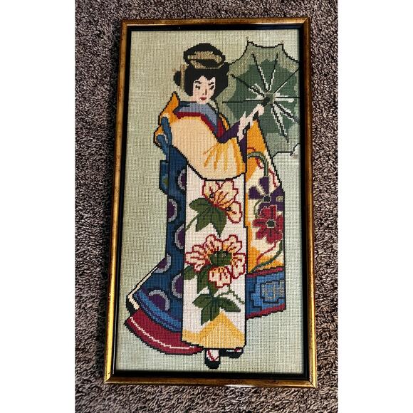 Frame Needlepoint Geisha Wall Hanging in gold tone frame. - Picture 2 of 7